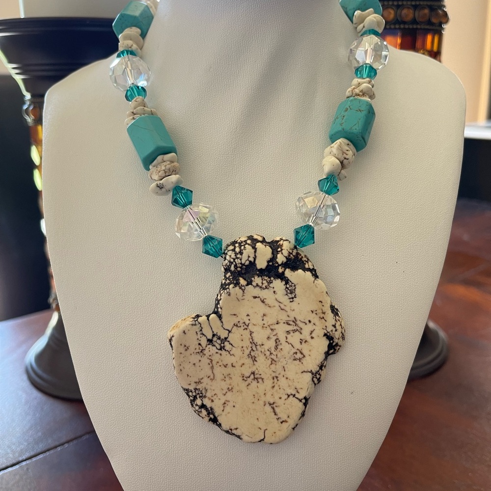 Artisan glass necklace Turquoise Clear Iridescent Crystals Turquoise Howlite